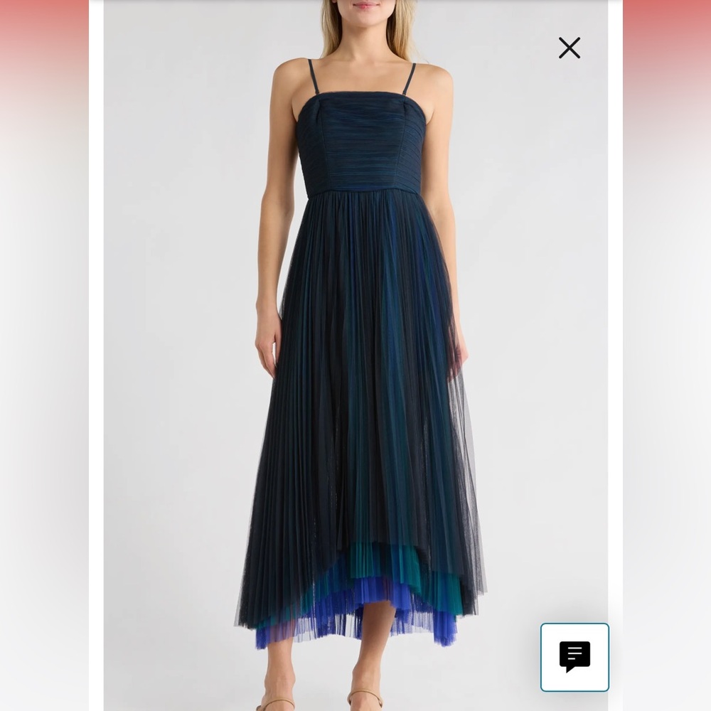 Nordstrom Navy and Teal Ombre Pleated Tulle Midi Dress